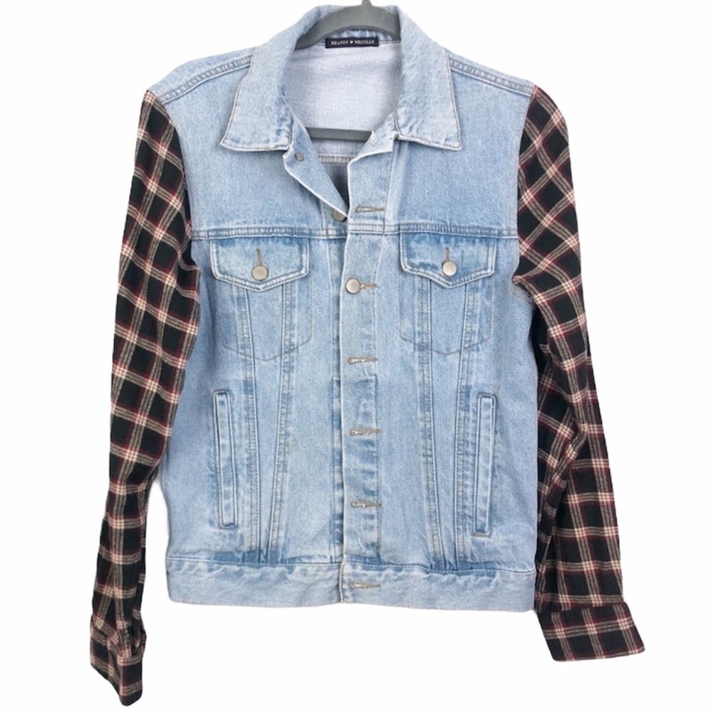 Brandy Melville Jean Jacket with Plaid Flannel Sleeves S